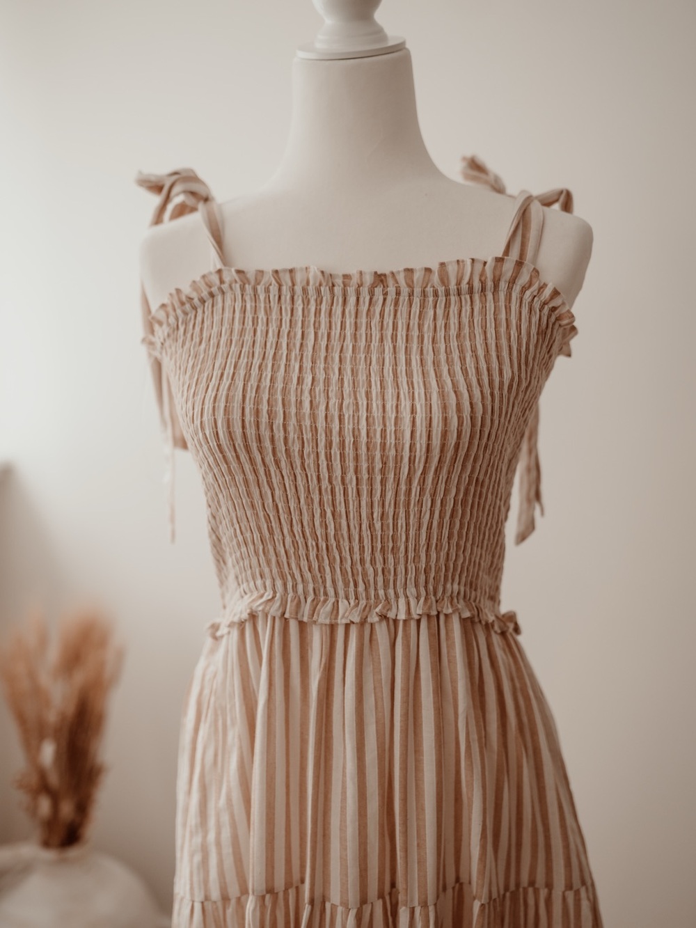 Smocked Tie-Shoulder Maxi Dress in Beige Stripe - Picture 2 of 3